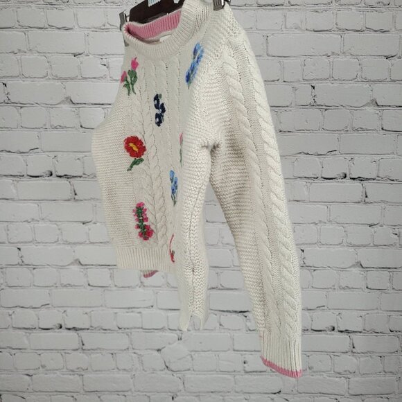 Boden Beige Wool Cotton Blend Embroidered Flowers Cable Knit Sweater Girls 6-7Y - Picture 11 of 12